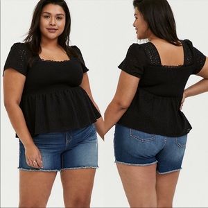 Torrid Sz 3X Black Square Neck Smocked Eyelet Peplum Top Short Sleeve
